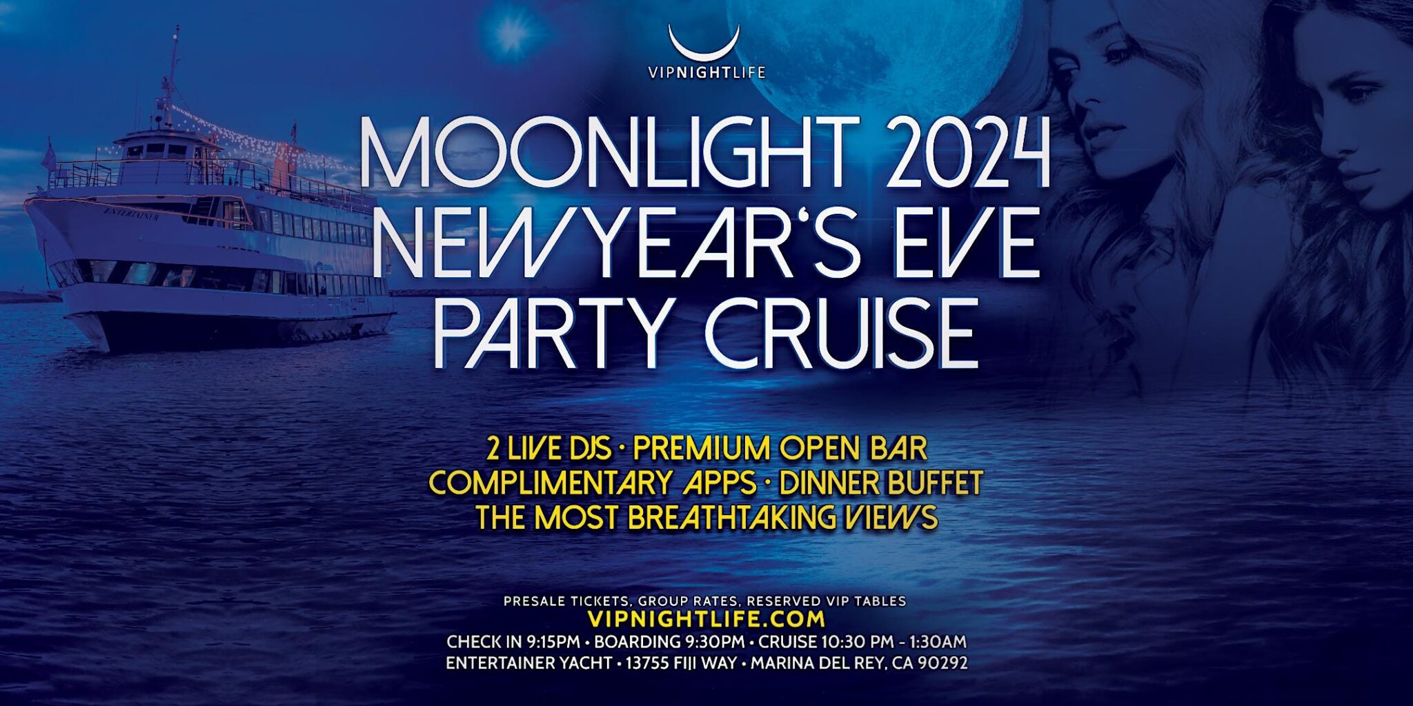 LA New Year's Eve Moonlight Fireworks Cruise 2024 VIP Nightlife