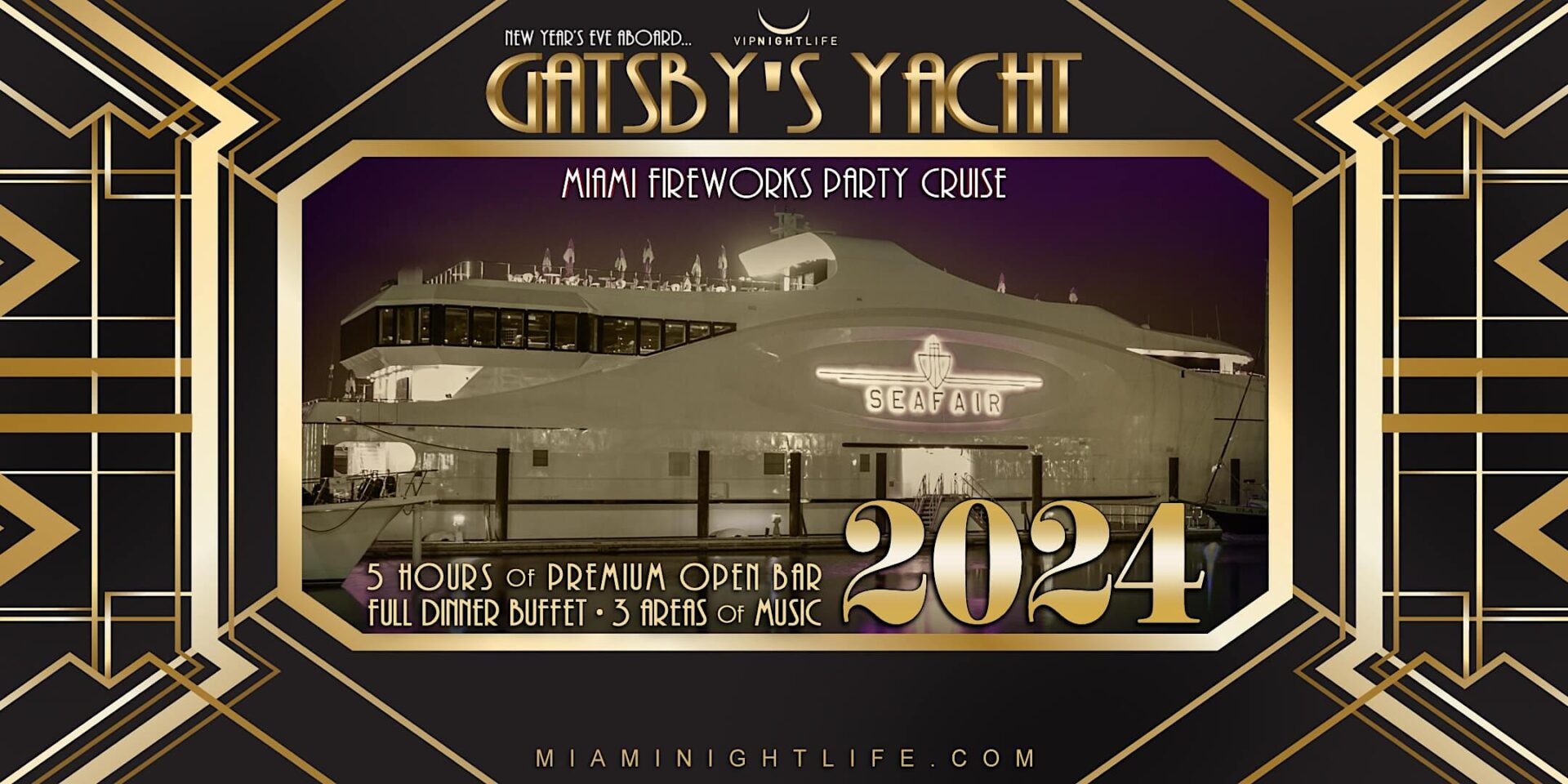 New Year's Eve 2025 Miami Fireworks Party Cruise Seafair Mega Yacht