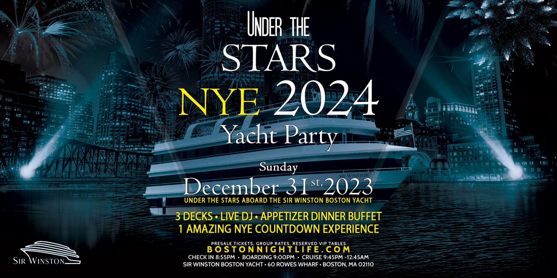 2024 Boston New Year's Eve Under the Stars Fireworks Yacht Party