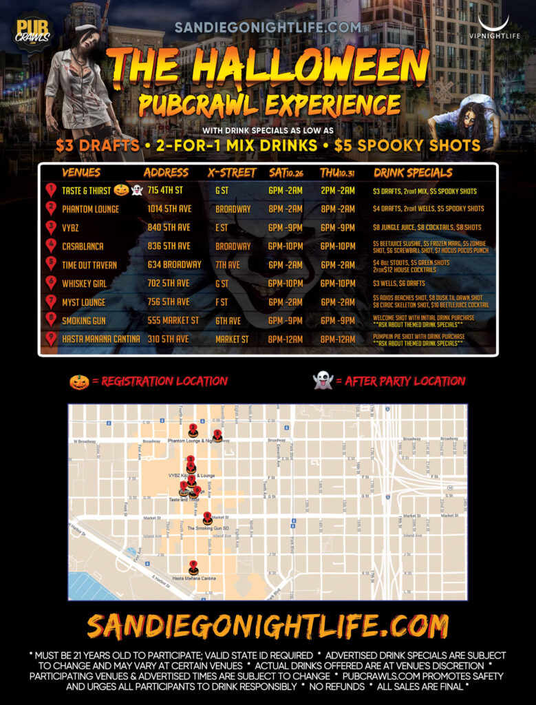 San Diego Halloween Pub Crawl Map 2024