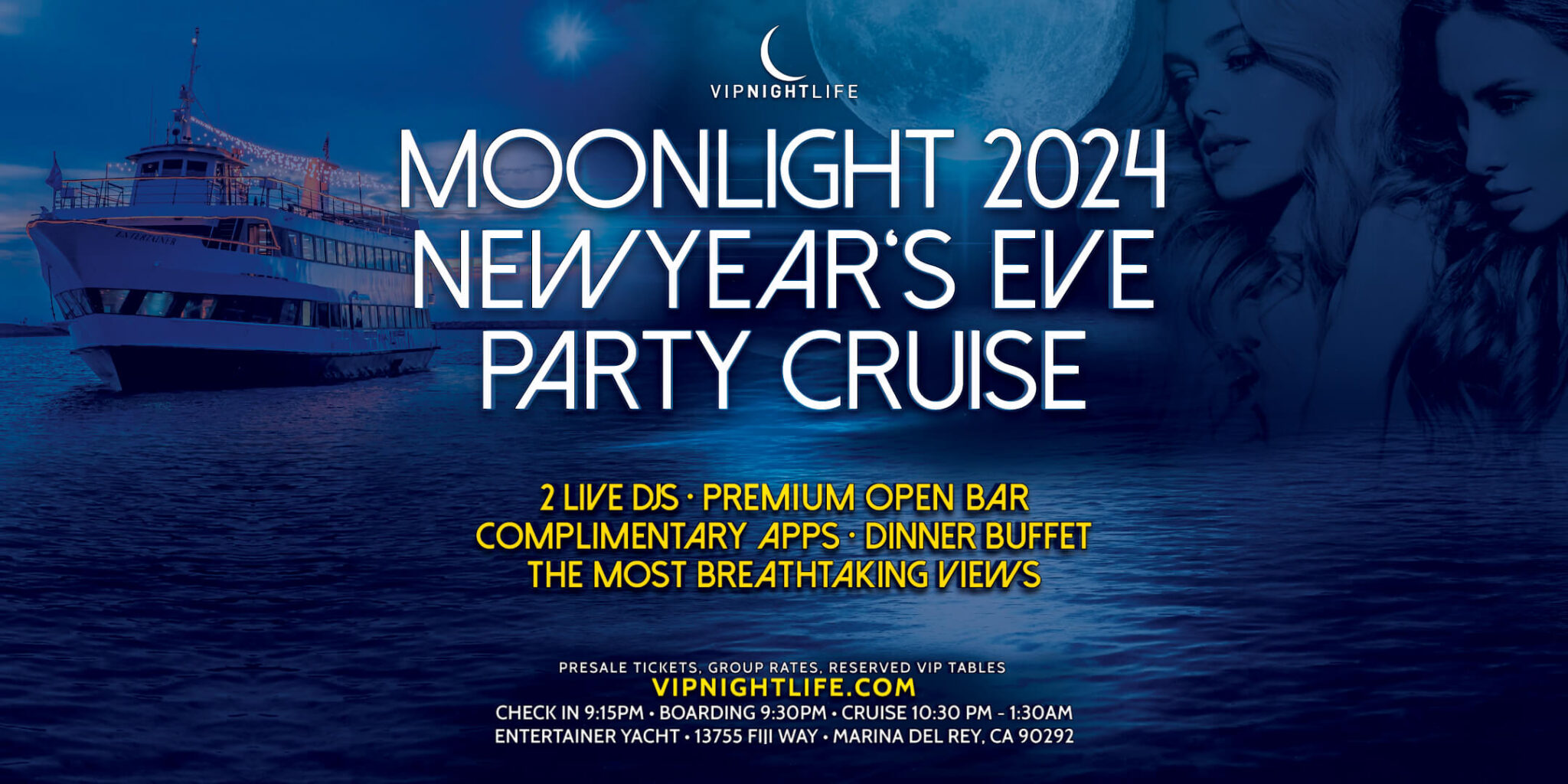 LA New Year's Eve Moonlight Fireworks Cruise 2024 VIP Nightlife