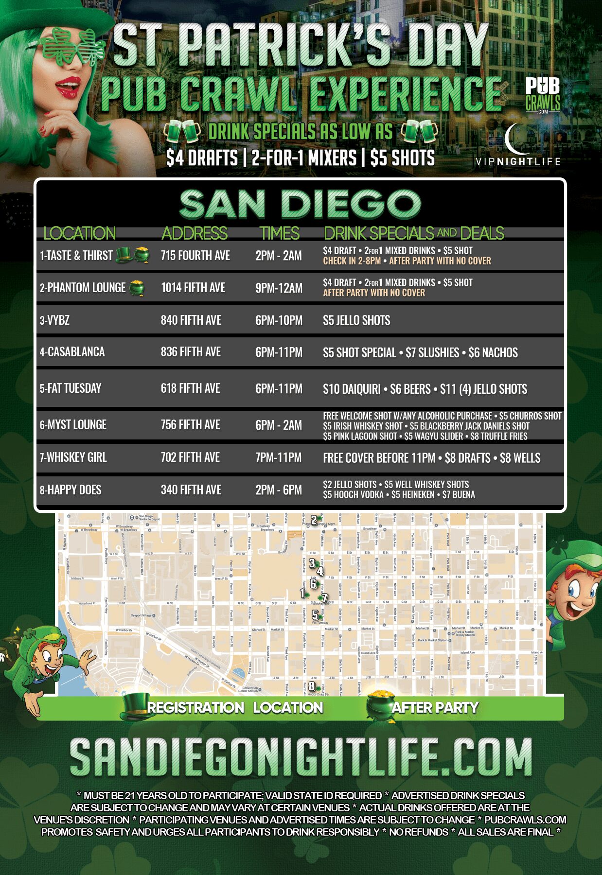 San Diego St Patrick's Weekend Pub Crawl Map 2026