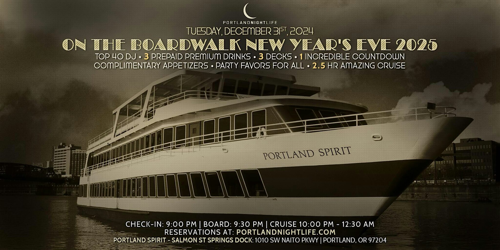 portland new year's eve party cruise 2025 on the boardwalk